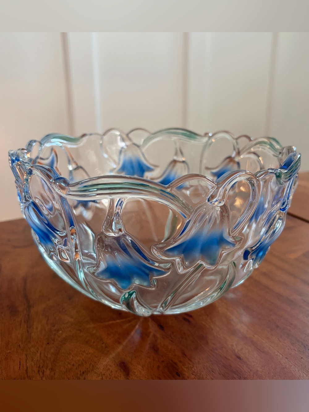 Vintage Mikasa Bluebells Floral Green Blue Clear Glass Bowl 8” Flowers Retro